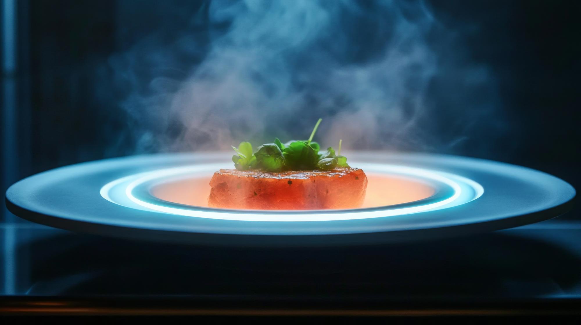 Large editorial shot of plated futuristic dish on dark band
