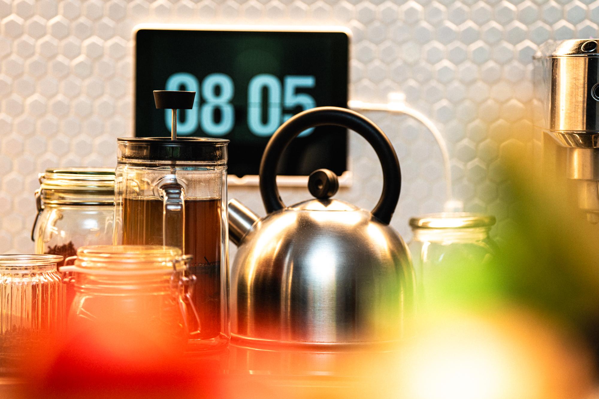 Prep station with labeled containers and timers