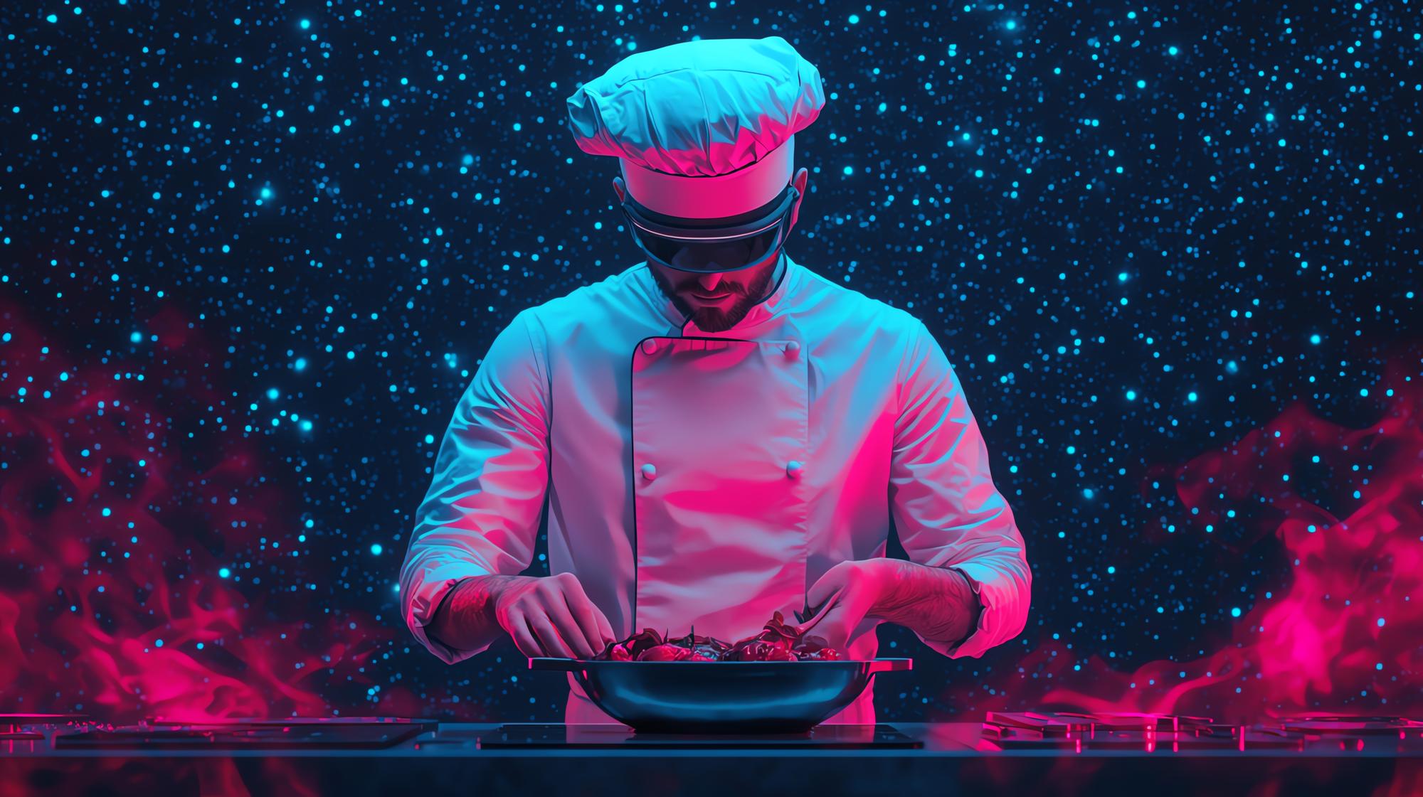 Chef plating high-tech dish with neon accents