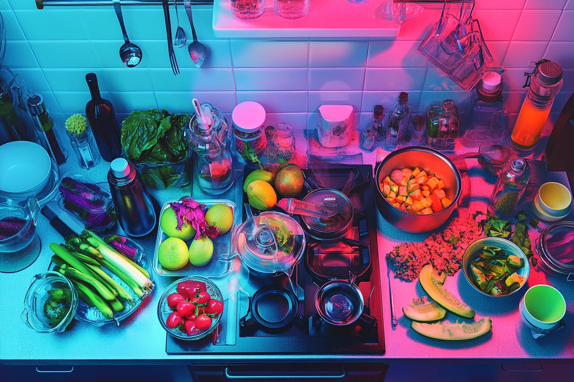 Cluttered counter with many raw ingredients